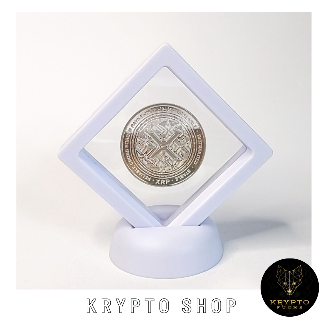 Ripple XRP Kryptomünze 2021 Edition – Silber im weißen Schwebe-Display | KryptoFuchs