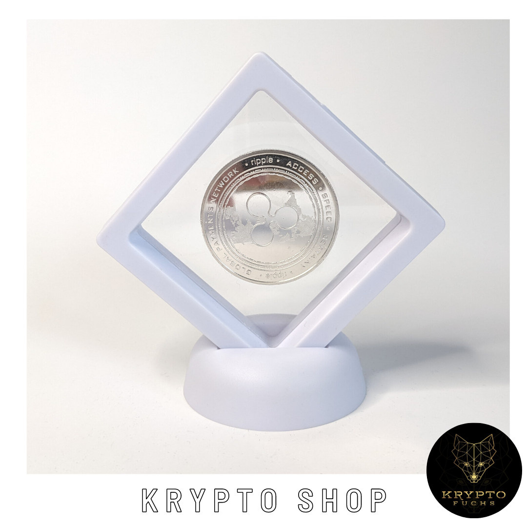Ripple XRP Kryptomünze 2021 Edition – Silber im weißen Schwebe-Display | KryptoFuchs