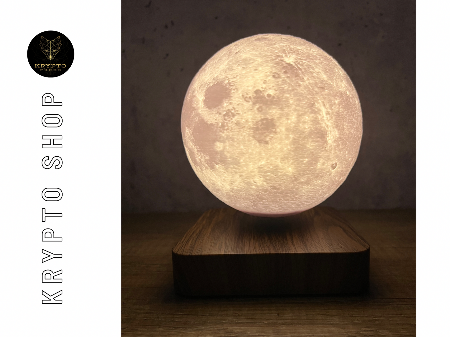 Bitcoin Magnetlampe schwebender Mond mit BTC Logo auf Holzbasis – Krypto Deko Lampe