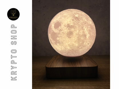 Bitcoin Magnetlampe schwebender Mond mit BTC Logo auf Holzbasis – Krypto Deko Lampe