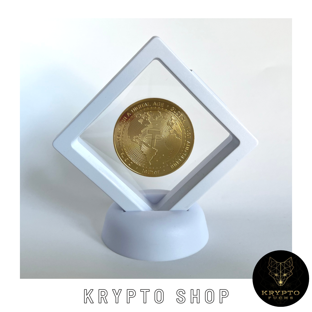 Tether USDT Kryptomünze 2021 Edition – Gold im weißen Schwebe-Display | KryptoFuchs