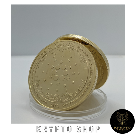 Cardano ADA Kryptomünze – Gold, aufgestellte Münze | KryptoFuchs