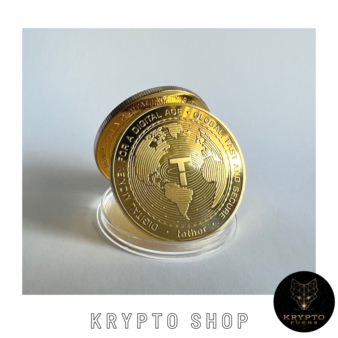 Tether USDT Kryptomünze 2021 Edition – Gold, aufgestellte Münze | KryptoFuchs