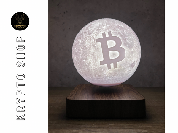 Bitcoin Magnetlampe schwebender Mond mit BTC Logo auf Holzbasis – Krypto Deko Lampe