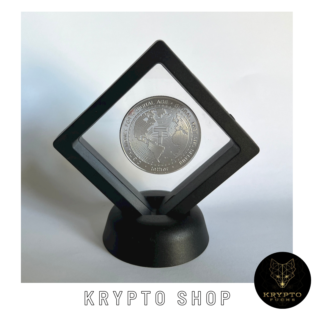 Tether USDT Kryptomünze 2021 Edition – Silber im schwarzen Schwebe-Display | KryptoFuchs