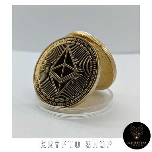 Ethereum Classic ETC Kryptomünze – Gold, aufgestellte Münze in Schutzkapsel | KryptoFuchs