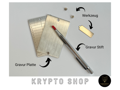 Krypto Recovery Phrase Backup mit Gravurstift