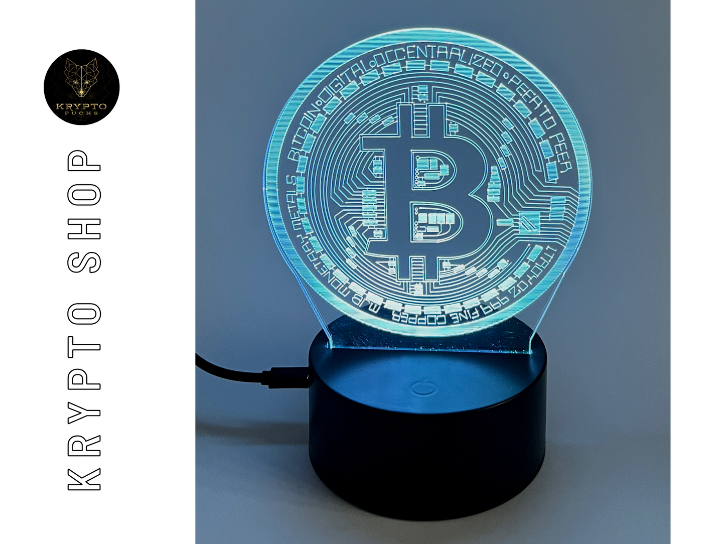 Krypto Lampe 3D LED mit Fernbedienung – Bitcoin-Motiv, beleuchtet | KryptoFuchs