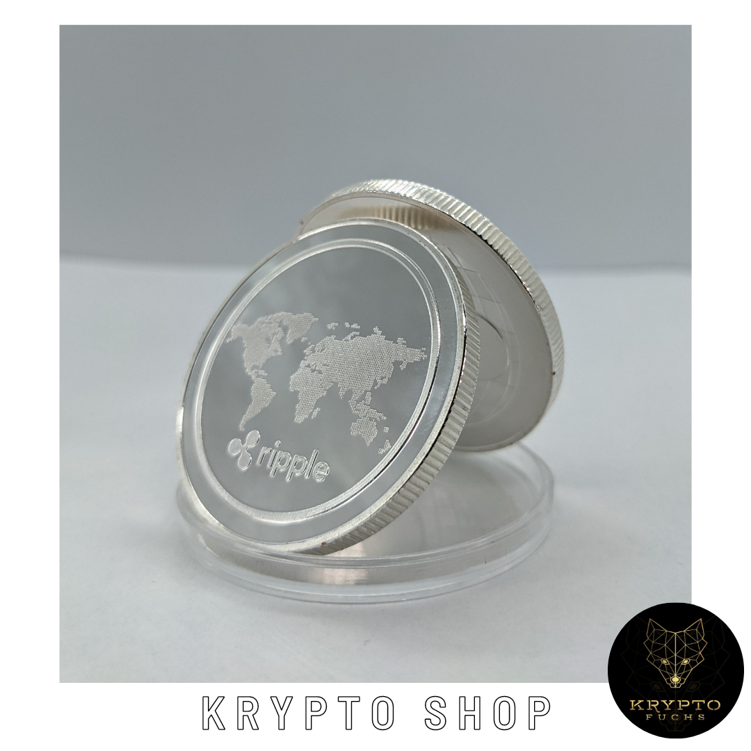 Ripple XRP Kryptomünze – Silber, aufgestellte Münze in Schutzkapsel | KryptoFuchs