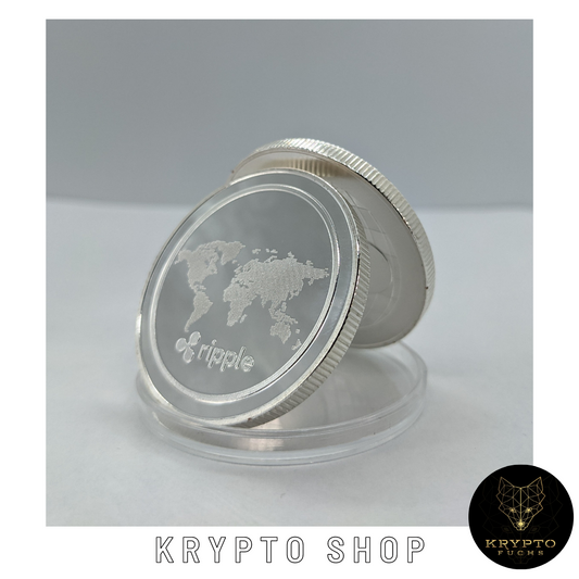 Ripple XRP Kryptomünze – Silber, aufgestellte Münze in Schutzkapsel | KryptoFuchs