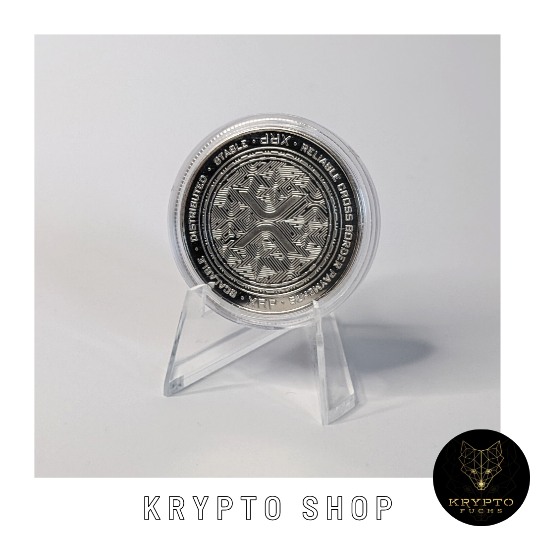 Ripple XRP Kryptomünze 2021 Edition – Silber, aufgestellte Münze, Nahaufnahme | KryptoFuchs