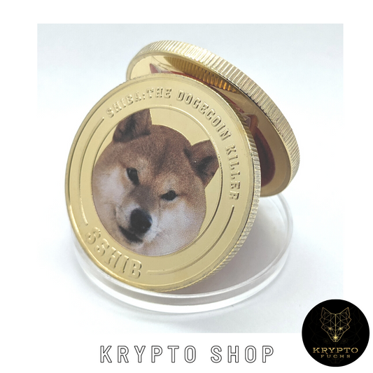 Shiba Inu SHIBA bicolor Kryptomünze – aufgestellte Münze in Schutzkapsel | KryptoFuchs